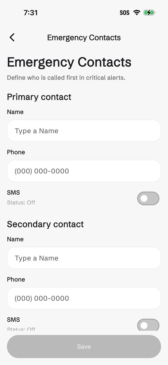Atlas Alert app — Emergency Contacts screen with phone number field and SMS toggle (Status: Off by default)