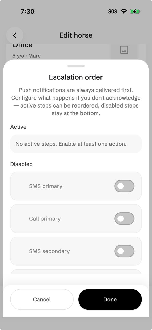 Atlas Alert app — Escalation order modal showing SMS primary, Call primary, SMS secondary as channel toggles